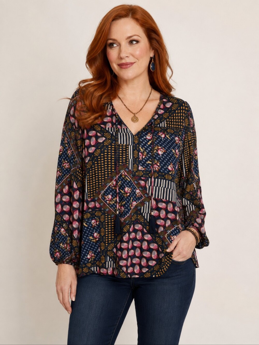 JM Collection Navy Patchwork Floral Print Long Sleeve V-Neck Top